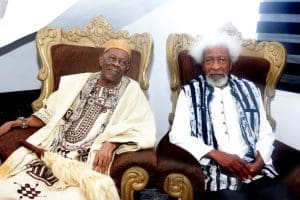 The Odemo of Isara HRH Oba Albert Mayungbe Left and the Akogun of Isara Professor Wole Soyinka at Isara Remo.on Sunday September 15 2024